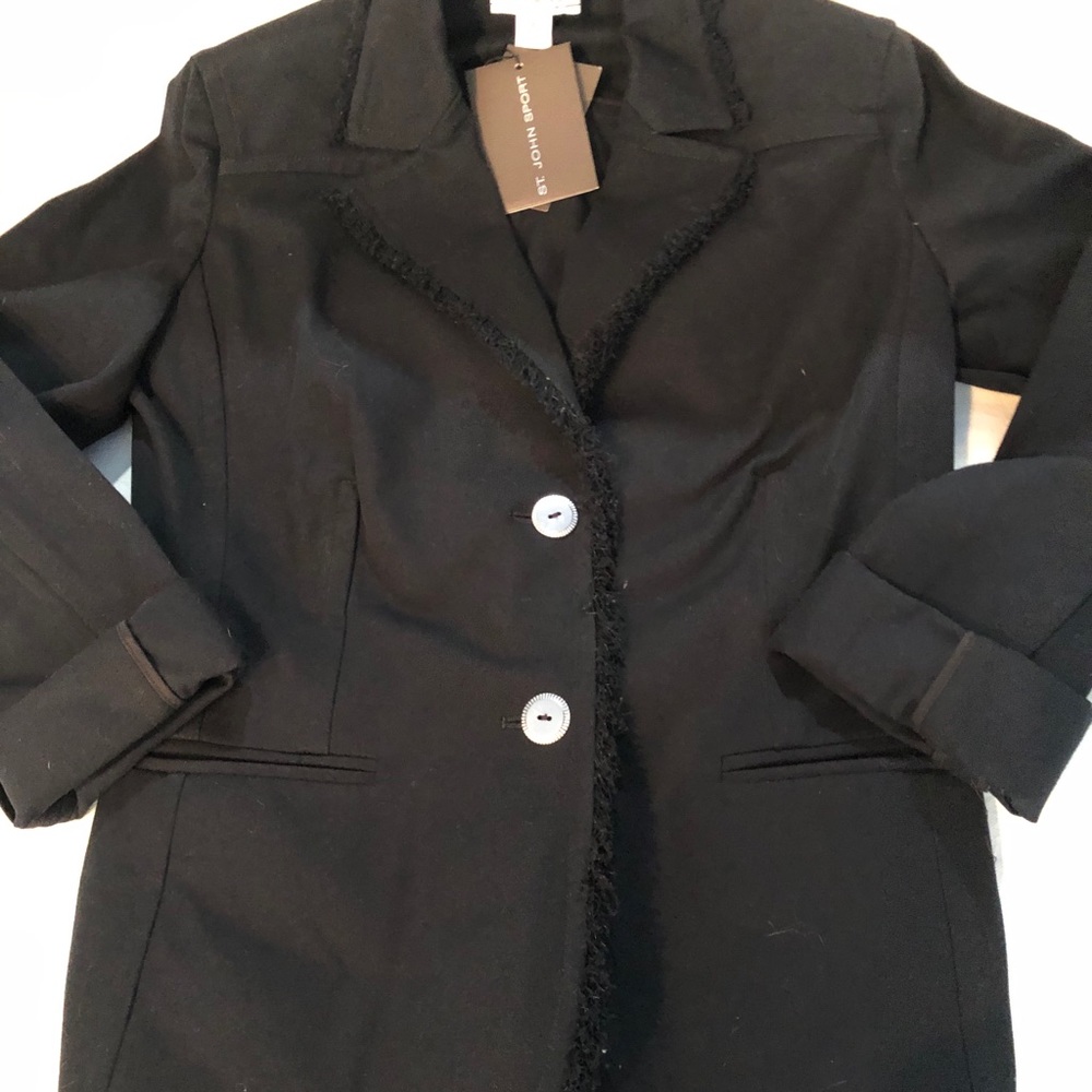 St John Sport Black Raw Fringe Trim Jacket Blazer